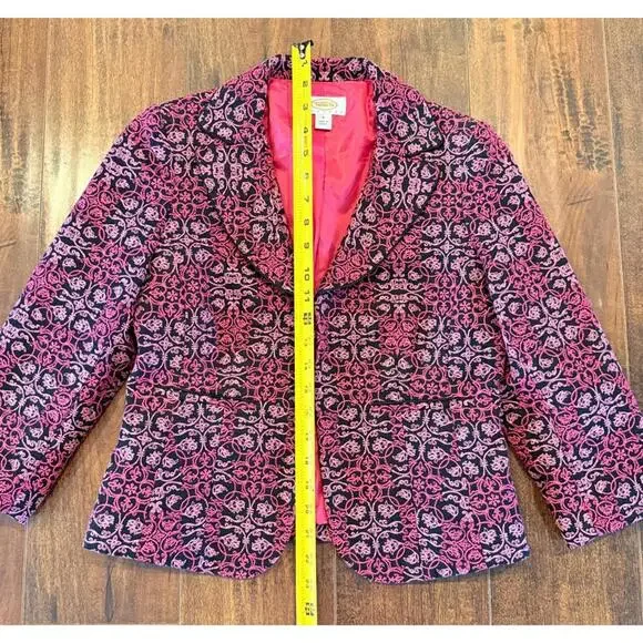 Talbots Blazer Jacket Size 2P Petite Pink Black Patterned 100% Cotton Lined - Picture 2 of 8